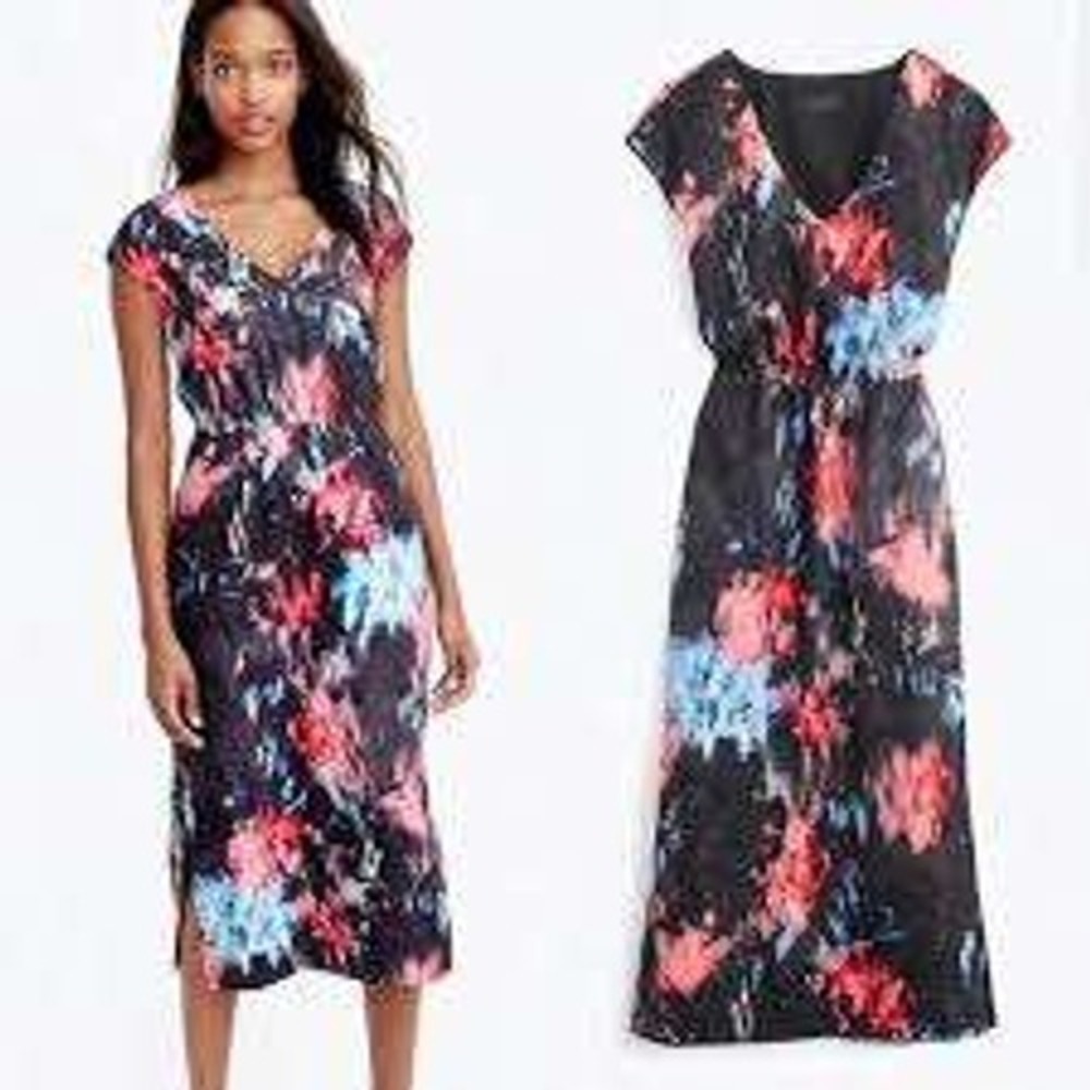 J.Crew Abstract Watercolor V-Neck Midi Dress Womens 16 Black Multi NWT